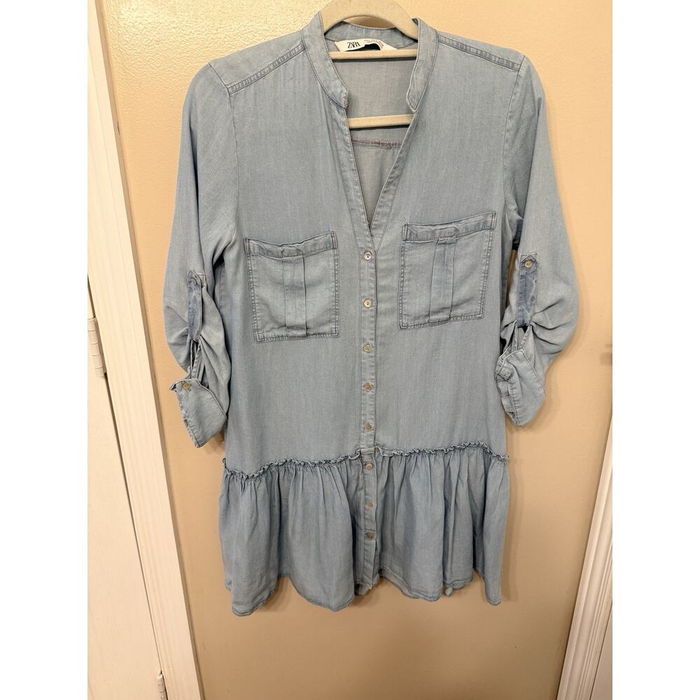 Zara Light Blue Wash Chambray Peplum Button Front Tunic Shirt Dress Womens Denim
